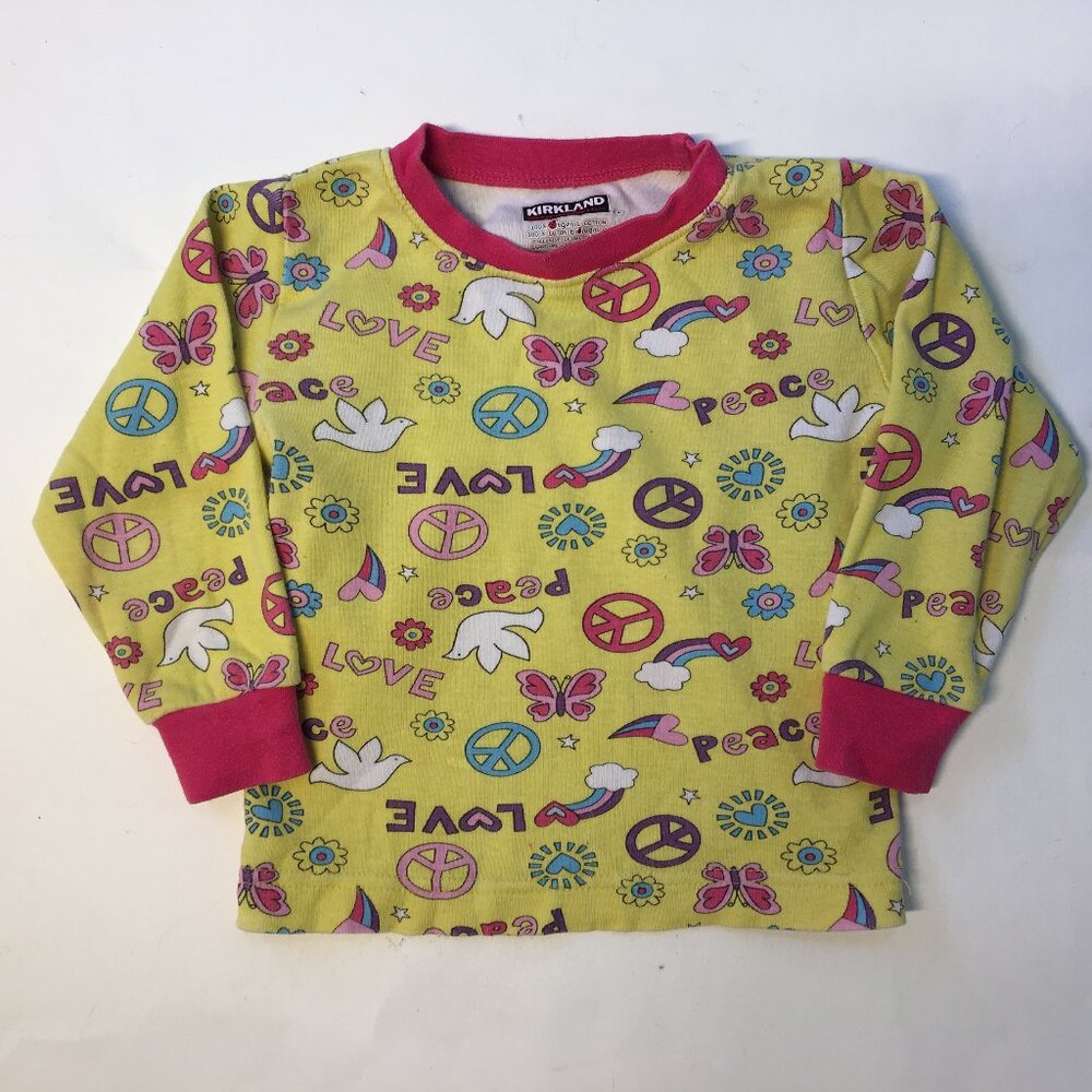 Kirkland Girls Size 2 Pajama Set Yellow Pink Peace Love 100% Organic Cotton